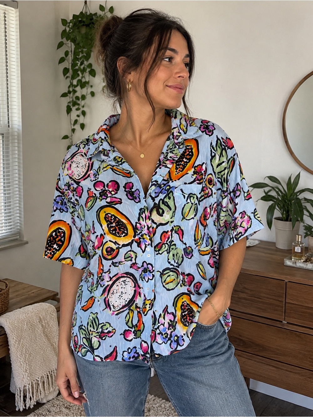 Zara Fruit Floral Print Oversized Button Down Shirt Blue Multicolor Medium